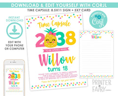 Pineapple Time Capsule 1st Birthday, EDITABLE Sign and Card (Digital Download)