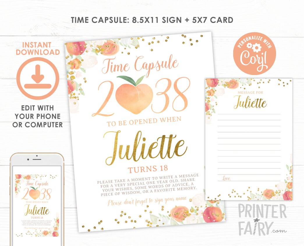 Peach Time Capsule Sign, Girl 1st Birthday, Floral Decor (INSTANT DOWNLOAD)