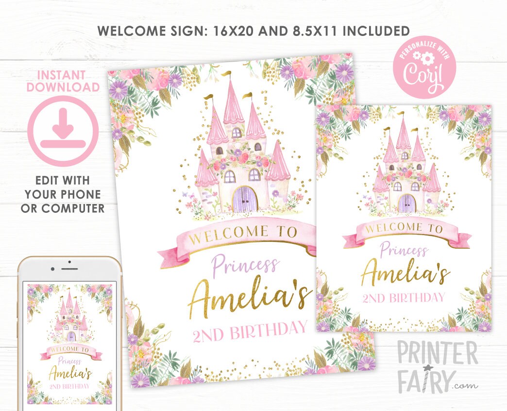 Editable Princess Birthday Welcome Sign, Floral Castle (Instant Download)