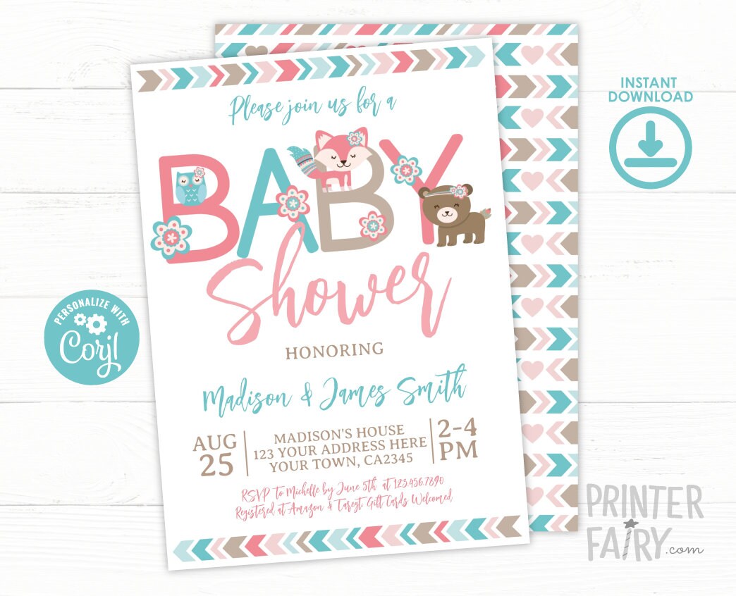 Woodland Girl Baby Shower Invitation, Editable Tribal Design (Digital Download)