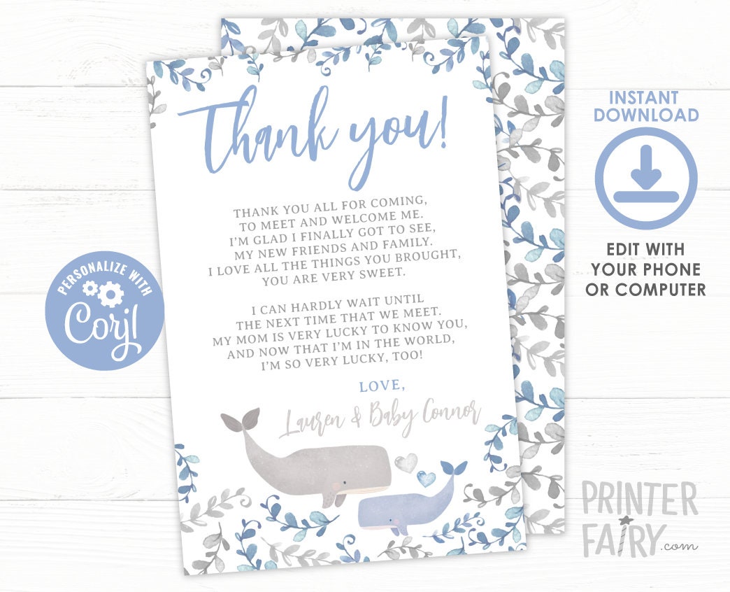 Whale Baby Shower Thank You Cards, Editable Template (INSTANT DOWNLOAD)