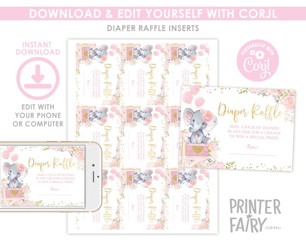 Editable Elephant Diaper Raffle Ticket (Baby Shower by Mail) (Digital Download)