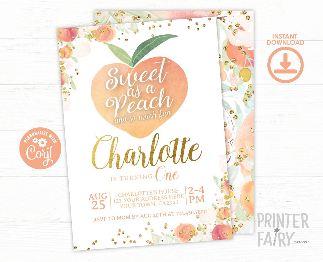 Peach First Birthday Invitation, Floral Girl Birthday, Editable (Instant Download)