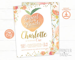 Peach First Birthday Invitation, Floral Girl Birthday, Editable (Instant Download)