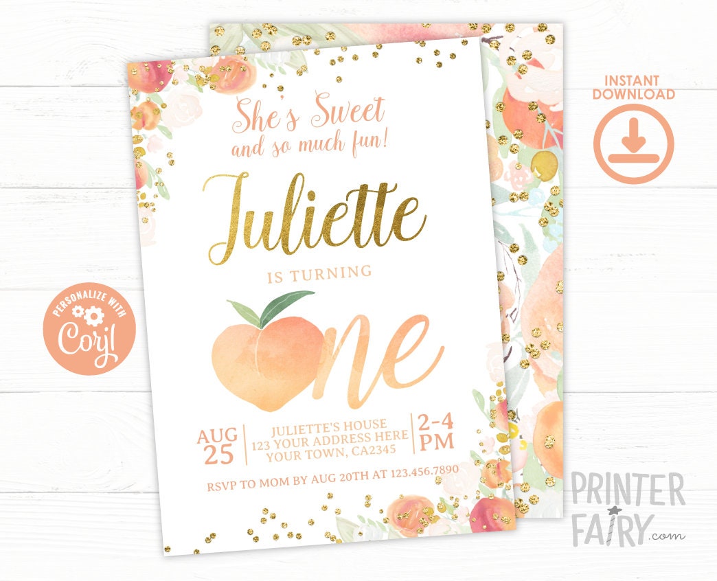 Peach First Birthday Invitation, Floral Girl Invite (EDITABLE, INSTANT DOWNLOAD)
