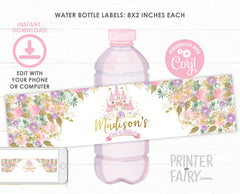 Princess Birthday Water Bottle Labels, Castle Party Decor (Editable, Instant Download)
