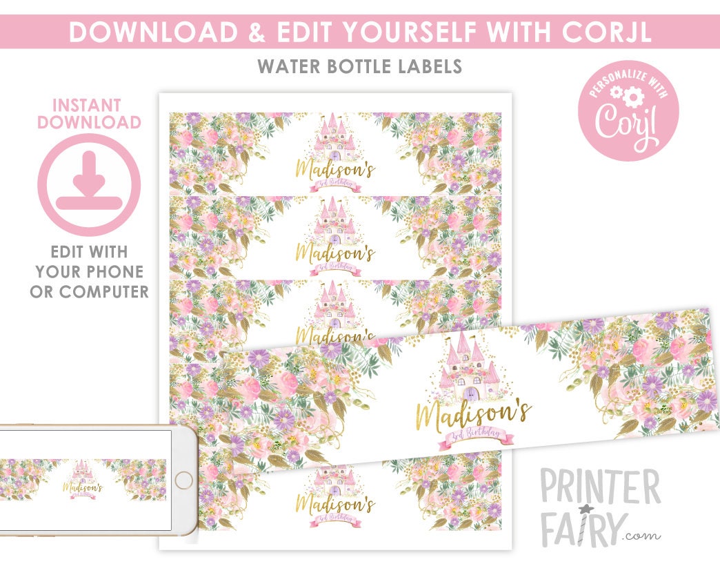 Princess Birthday Water Bottle Labels, Castle Party Decor (Editable, Instant Download)