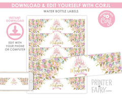 Princess Birthday Water Bottle Labels, Castle Party Decor (Editable, Instant Download)