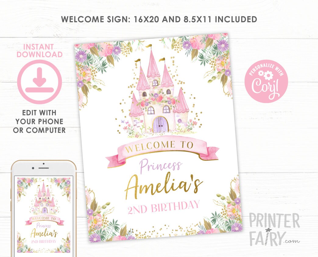 Editable Princess Birthday Welcome Sign, Floral Castle (Instant Download)