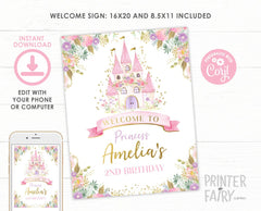 Editable Princess Birthday Welcome Sign, Floral Castle (Instant Download)