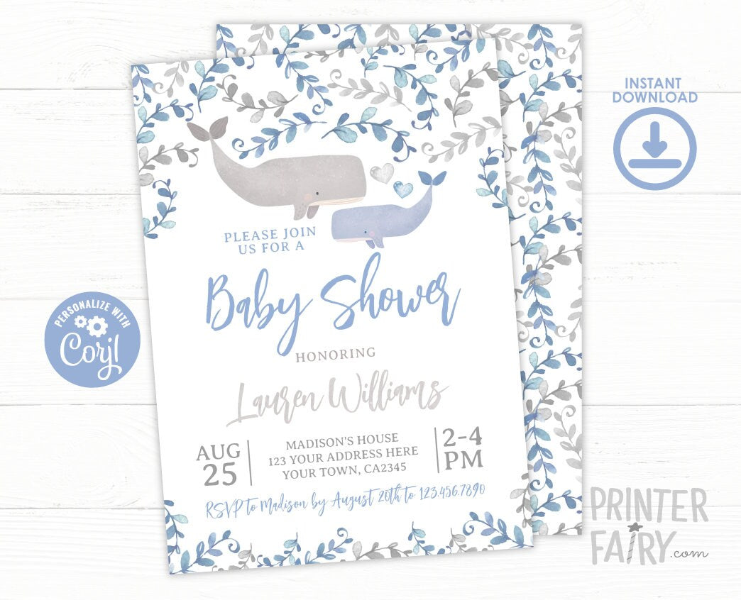 Whale Baby Shower Invitation, EDITABLE Template, Instant Download