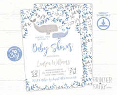 Whale Baby Shower Invitation, EDITABLE Template, Instant Download