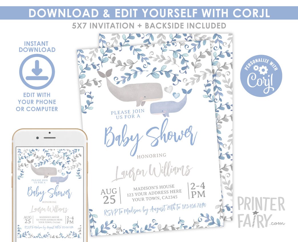 Whale Baby Shower Invitation, EDITABLE Template, Instant Download