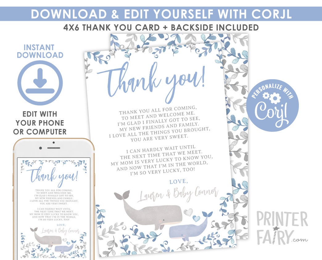 Whale Baby Shower Thank You Cards, Editable Template (INSTANT DOWNLOAD)
