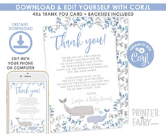 Whale Baby Shower Thank You Cards, Editable Template (INSTANT DOWNLOAD)