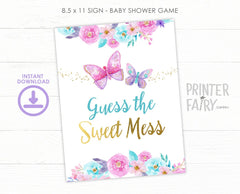 Butterfly Baby Shower Games, Guess Sweet Mess Sign and Cards (Digital Download)