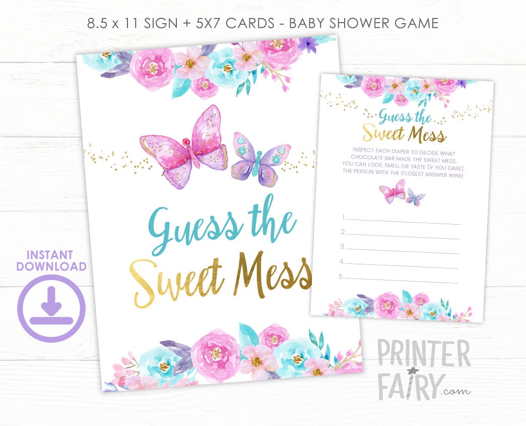 Butterfly Baby Shower Games, Guess Sweet Mess Sign and Cards (Digital Download)