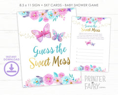 Butterfly Baby Shower Games, Guess Sweet Mess Sign and Cards (Digital Download)