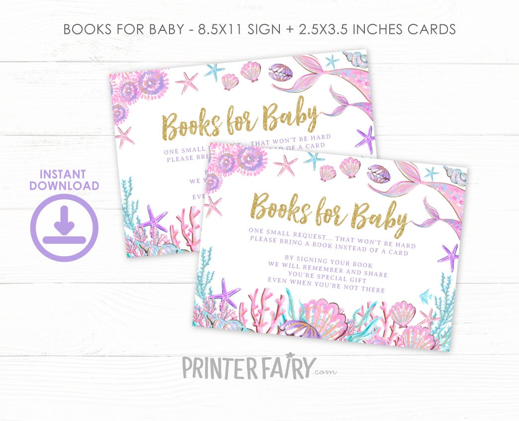 Mermaid Baby Shower Books for Baby Sign and Insert Editable Templates (Digital Instant Download)