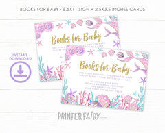 Mermaid Baby Shower Books for Baby Sign and Insert Editable Templates (Digital Instant Download)