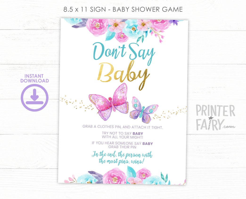 Butterflies Baby Shower Games, Don't Say Baby Sign, Girl Printable (Instant Download)