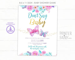 Butterflies Baby Shower Games, Don't Say Baby Sign, Girl Printable (Instant Download)