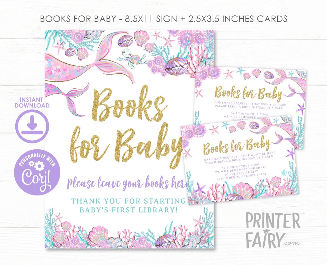 Mermaid Baby Shower Books for Baby Sign and Insert Editable Templates (Digital Instant Download)