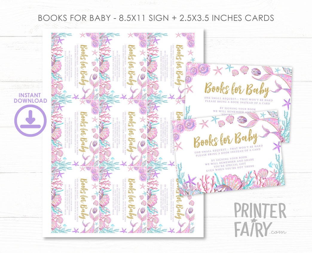 Mermaid Baby Shower Books for Baby Sign and Insert Editable Templates (Digital Instant Download)