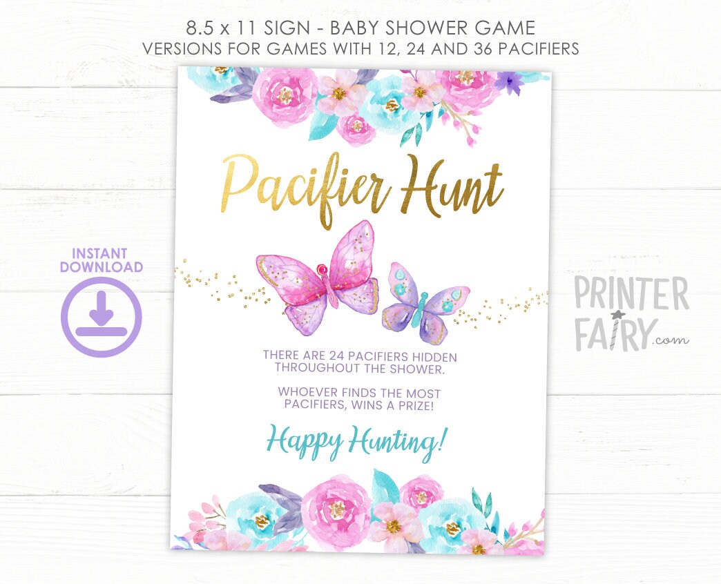 Butterfly Baby Shower Printable, Pacifier Hunt Game, INSTANT DOWNLOAD