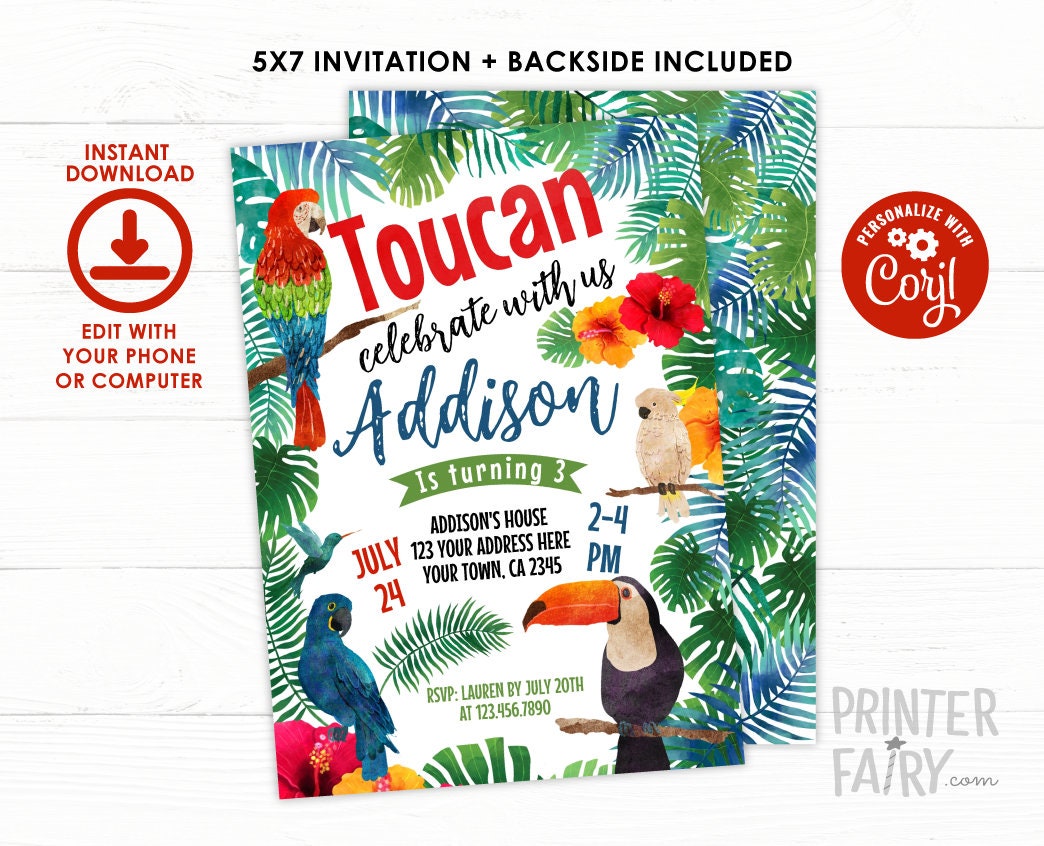 Toucan Birthday Invitation, EDITABLE, Tropical Luau Invite (INSTANT DOWNLOAD)