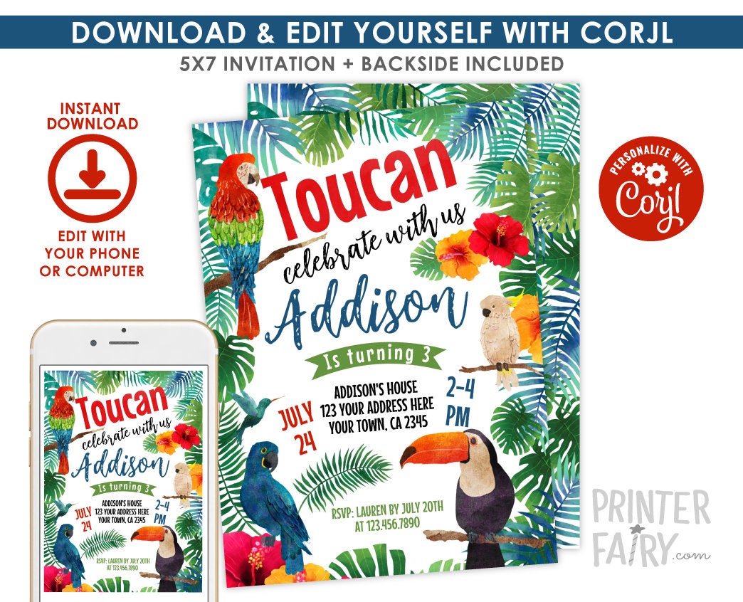 Toucan Birthday Invitation, EDITABLE, Tropical Luau Invite (INSTANT DOWNLOAD)