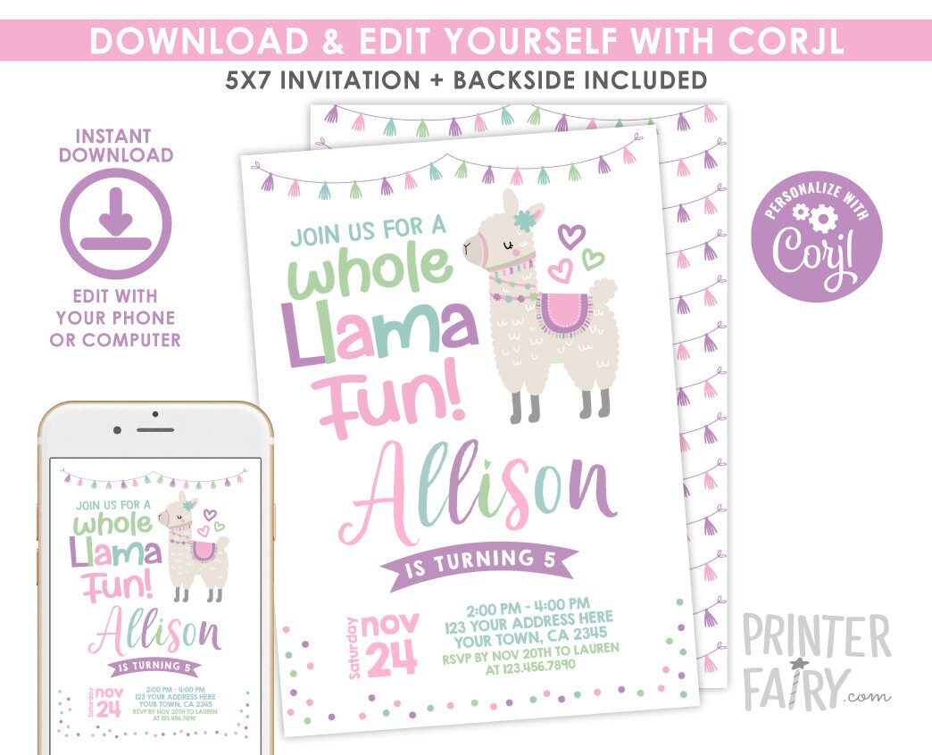 Editable Llama Birthday Invitation, Alpaca Party (Instant Download)