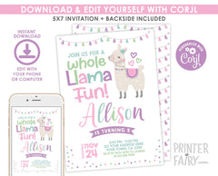 Editable Llama Birthday Invitation, Alpaca Party (Instant Download)