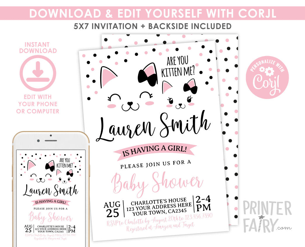 Kitty Cat Baby Shower Invitation Girl (Editable Digital Download)