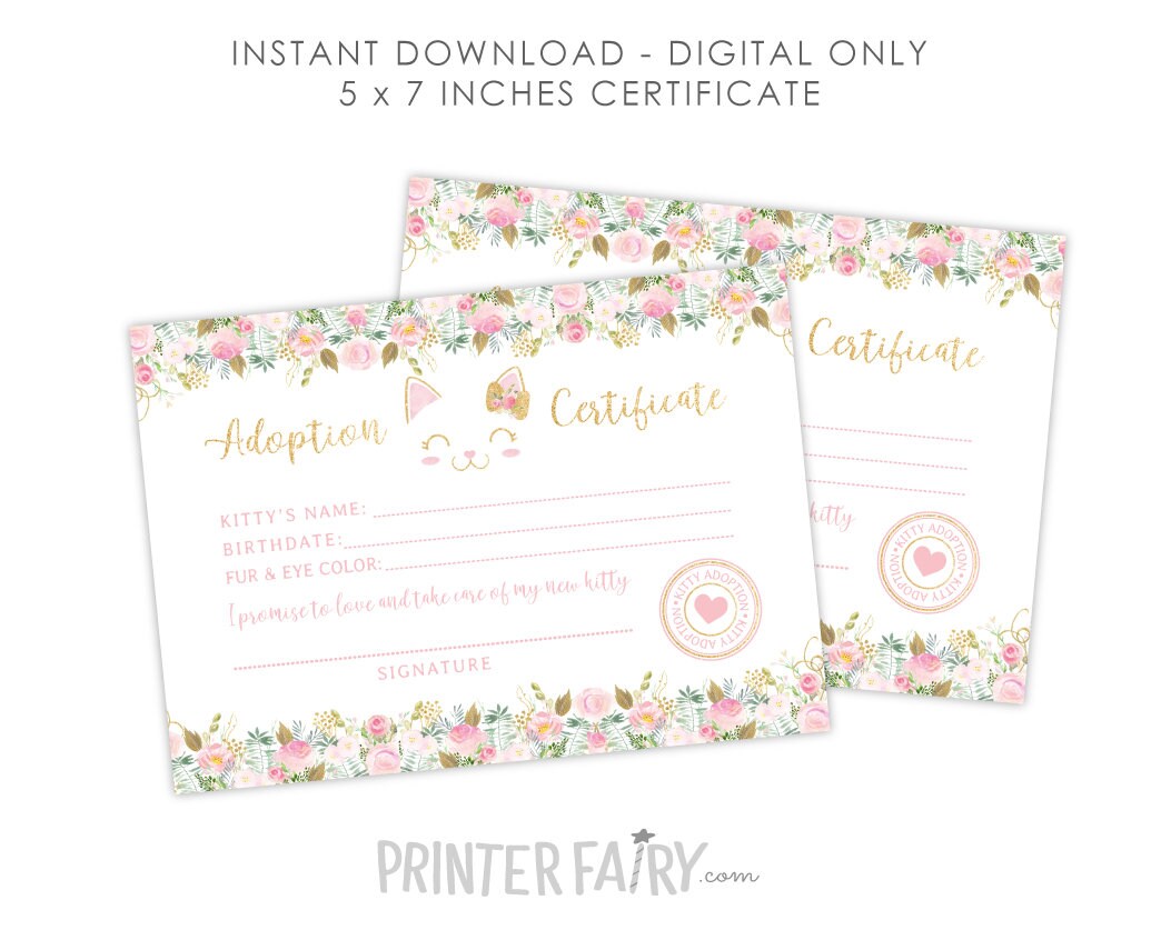 Floral Kitty Adoption Party Sign and Certificate (Instant Download)