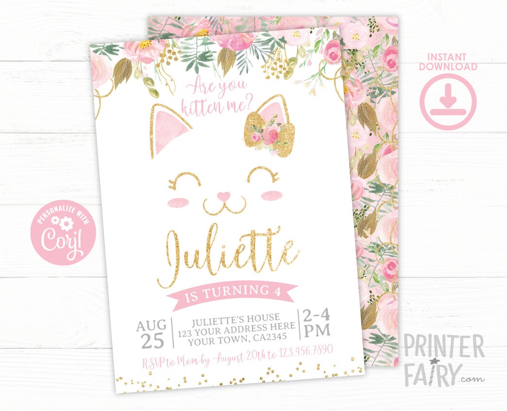 Floral Kitty Cat Birthday Invitation Editable Template for Any Age, Pawty Invite (Instant Download)