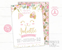Floral Kitty Cat Birthday Invitation Editable Template for Any Age, Pawty Invite (Instant Download)