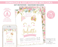 Floral Kitty Cat Birthday Invitation Editable Template for Any Age, Pawty Invite (Instant Download)