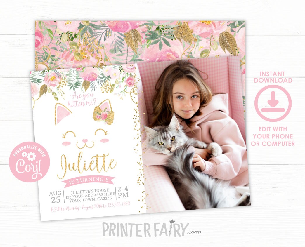 Floral Kitty Cat Birthday Invitation with Photo, Editable Pawty (Instant Download)