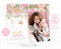 Floral Kitty Cat Birthday Invitation with Photo, Editable Pawty (Instant Download)