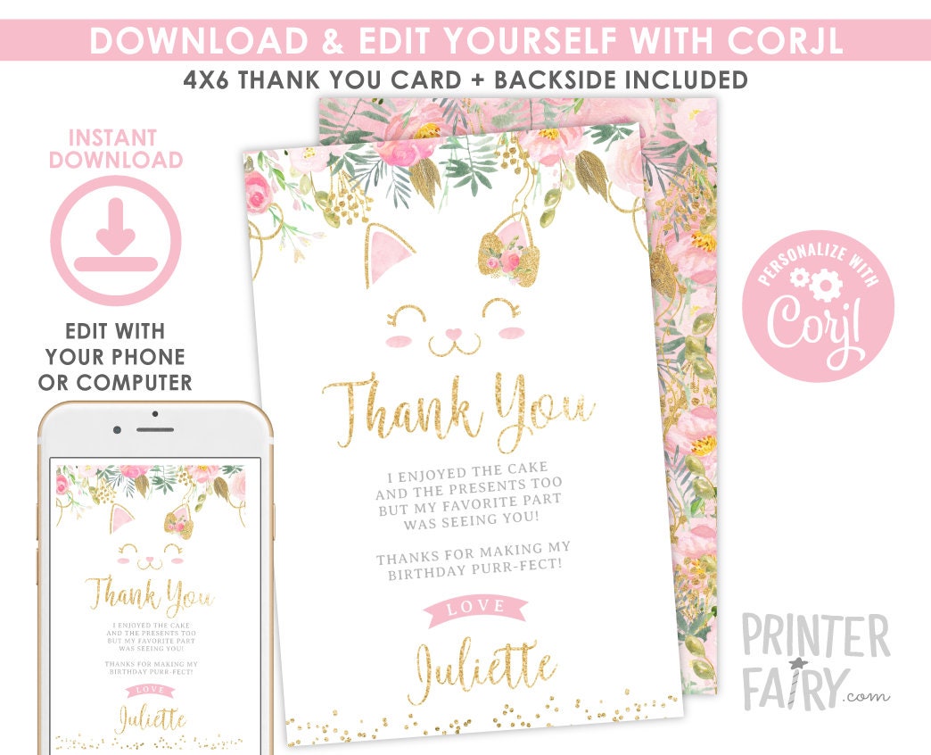 Floral Kitty Thank You Cards, Editable Birthday Notes (Digital Download)