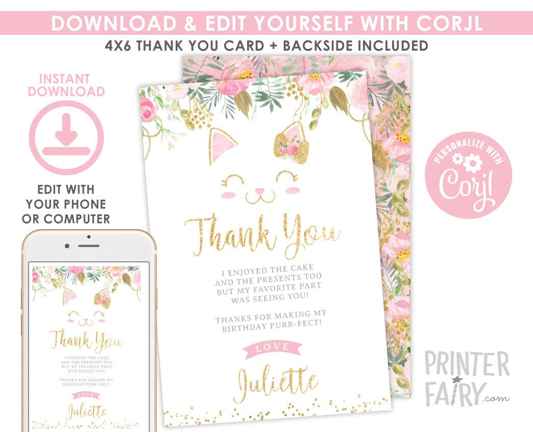 Floral Kitty Thank You Cards, Editable Birthday Notes (Digital Download)