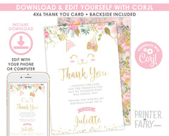 Floral Kitty Thank You Cards, Editable Birthday Notes (Digital Download)