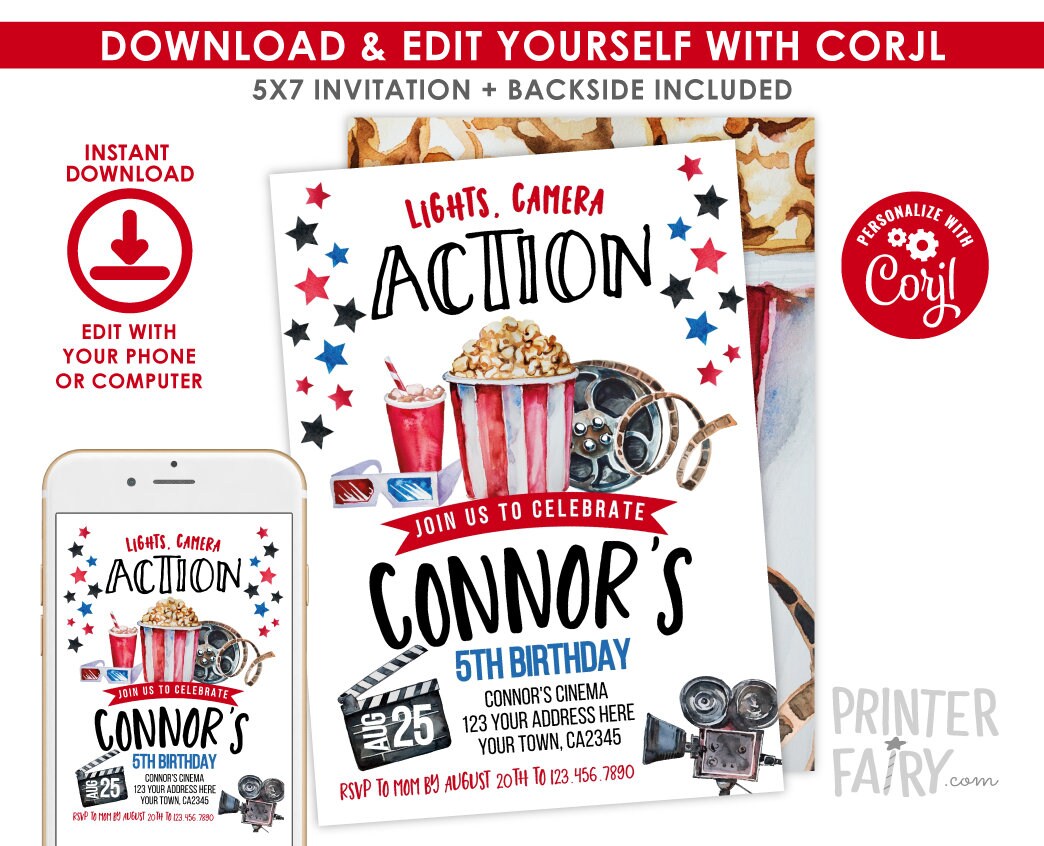 Editable Movie Birthday Invitation Editable Template, Cinema Party (Instant Download)