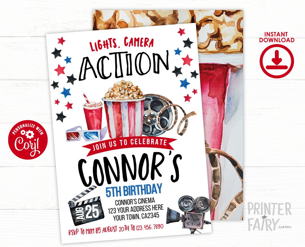 Editable Movie Birthday Invitation Editable Template, Cinema Party (Instant Download)