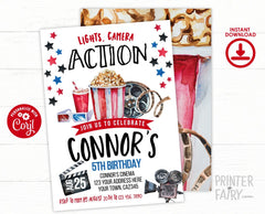 Editable Movie Birthday Invitation Editable Template, Cinema Party (Instant Download)