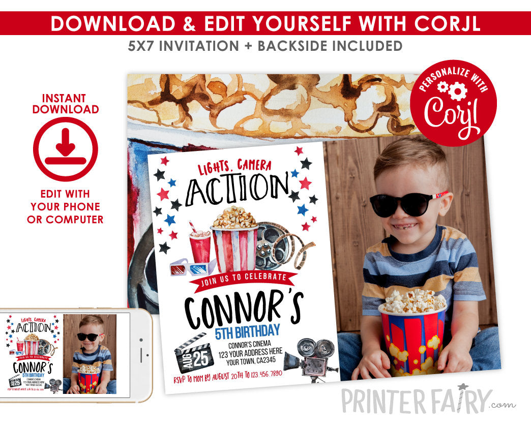 Movie Birthday Invitation with Photo Editable Template (Digital Instant Download)