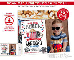 Movie Birthday Invitation with Photo Editable Template (Digital Instant Download)