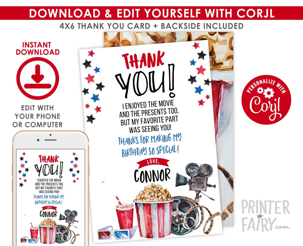 Movie Thank You Card, Cinema Party, Editable Template (Digital Download)