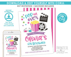 Editable Movie Birthday Invitation, Cinema Party (Instant Download)